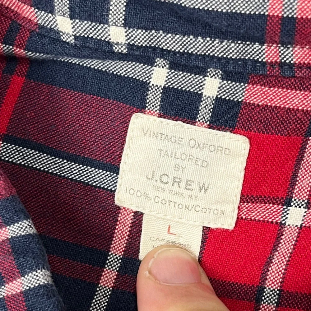 J.Crew Vintage Oxford Plaid Shirt Red Navy White Tailored Mens Large L